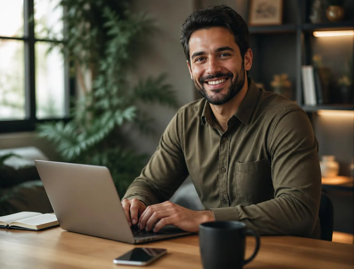 Empresário sorrindo enquanto organiza o financeiro no notebook
