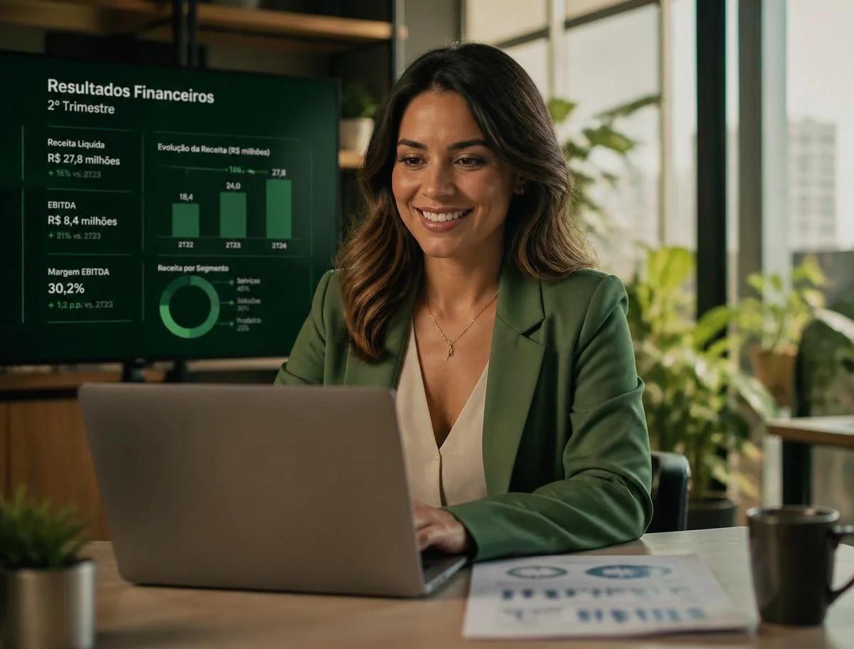 Empresária analisando resultados financeiros no escritório